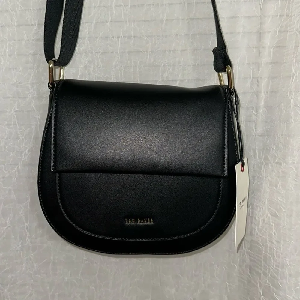 Ted Baker Darcell Black Faux Leather Gold Tone Logo Textured Grosgrain Strap Bag